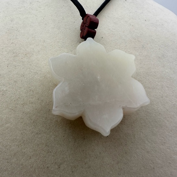 Handmade Jade and Cinnabar Double Flower Pendant Necklace on Adjustable Rope - Picture 6 of 9